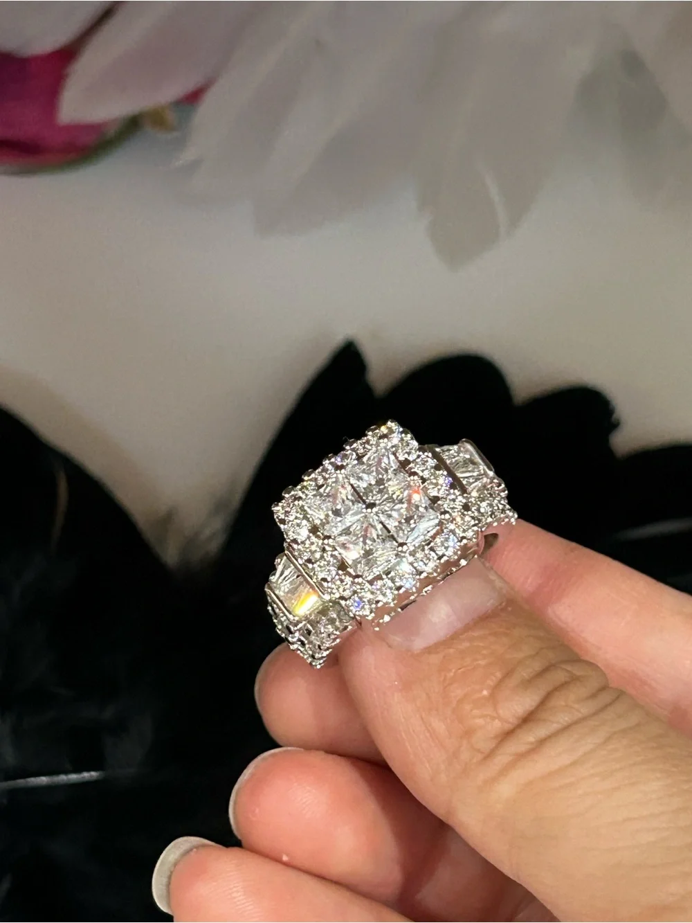 Classic Silver plated Square Halo moissanite Cocktail/engagement/gift Ring